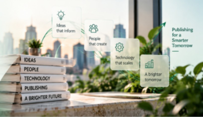 A stack of books labelled Ideas, People, Technology, Publishing and A Brighter Future beside cards reading Ideas that inform, People that create, Technology that scales and A brighter tomorrow